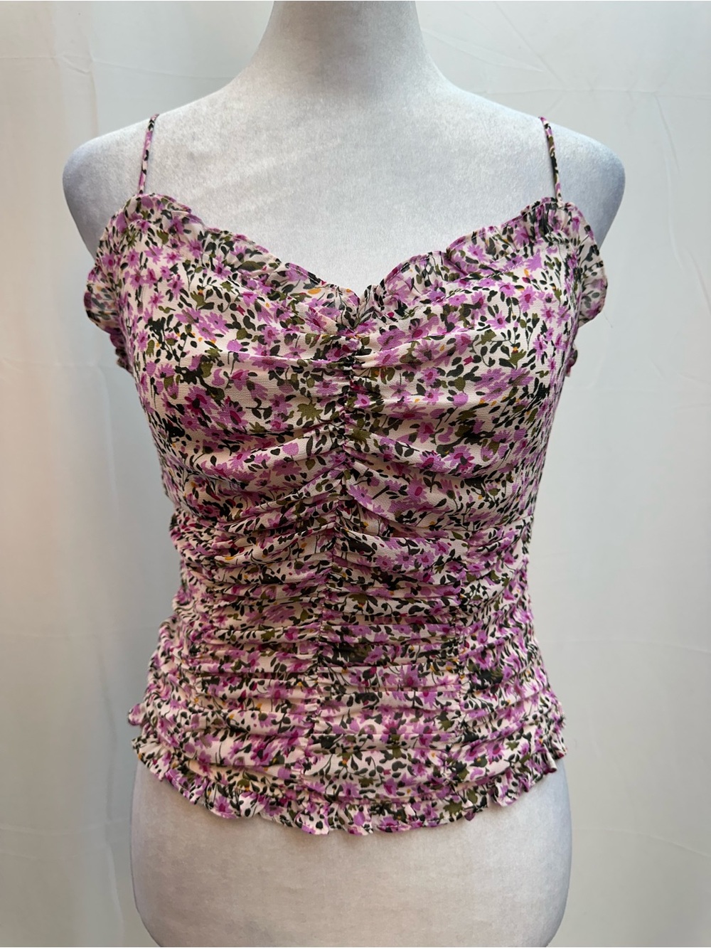 Astr The Label Small Ruched Front Purple Floral Ruffle Cami Tank Top Gathered